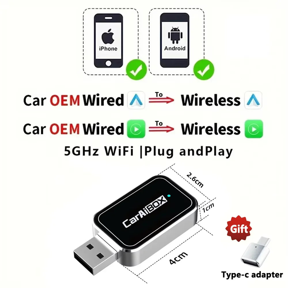 CarAiBOX RGB Mini Wired to Wireless CarPlay & Android auto Box Plug and Play For OEM Car Built-in wired CarPlay or Android auto