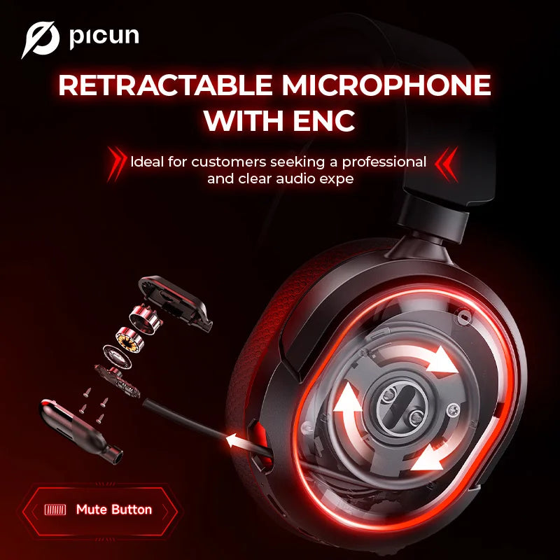 Picun G2 2.4G Wireless Gaming Headset Bluetooth Headphones 5ms Low Latency 7.1 Surround ENC Mic For PC PS4 PS5 Phone Switch