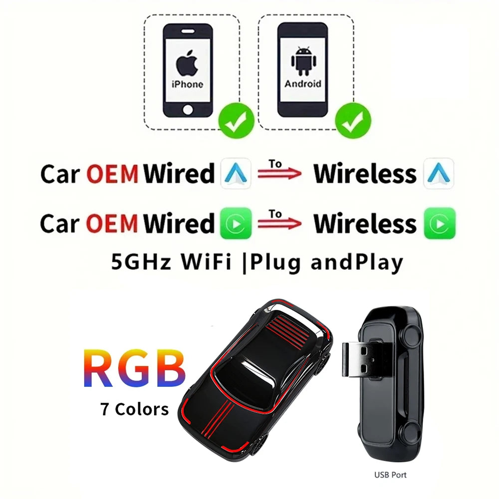 CarAiBOX RGB Mini Wired to Wireless CarPlay & Android auto Box Plug and Play For OEM Car Built-in wired CarPlay or Android auto