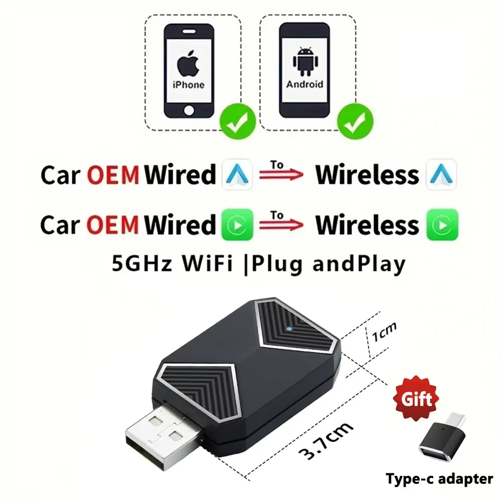 CarAiBOX RGB Mini Wired to Wireless CarPlay & Android auto Box Plug and Play For OEM Car Built-in wired CarPlay or Android auto