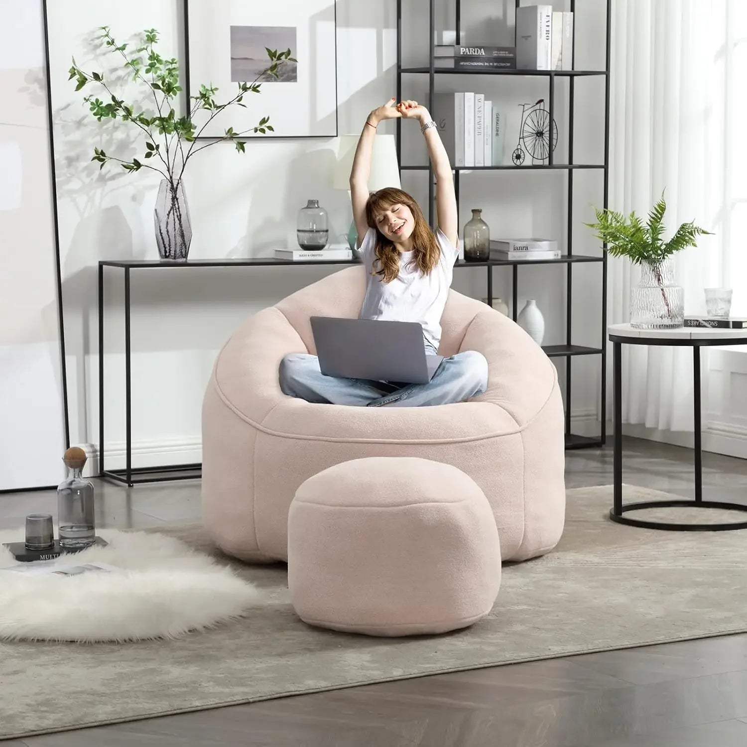 Bean Bag Chair with Ottoman, Comfy Bean Bag Sofa Chair,  Lazy Sofa, Modern Accent BeanBag Chairs for Living Room, Bedroom, Beige