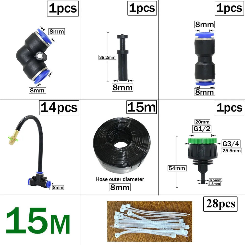 Outdoor Misting Cooling System DIY Garden Irrigation Watering 8mm Brass Atomizer Nozzles Connector Kit for Patio Greenhouse