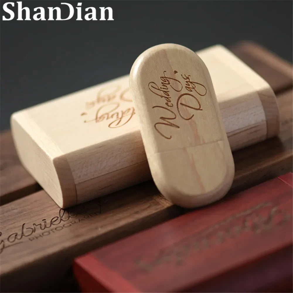 SHANDIAN Free LOGO Wooden + Box USB 2.0 Pen drive 4GB 16GB 32GB 64GB Flash Drive Memory stick wedding Photography Gift U Disk