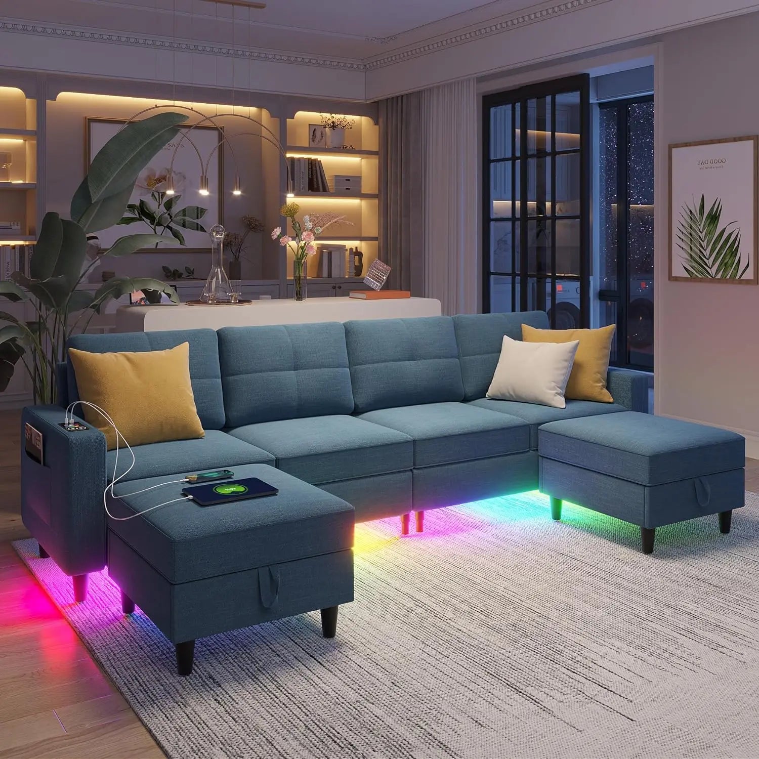 LED Sectional Couches for Living Room, Modular Sectional Sofa Set with Storage Ottomans, Oversized U Shaped Sofa Couch with Auto