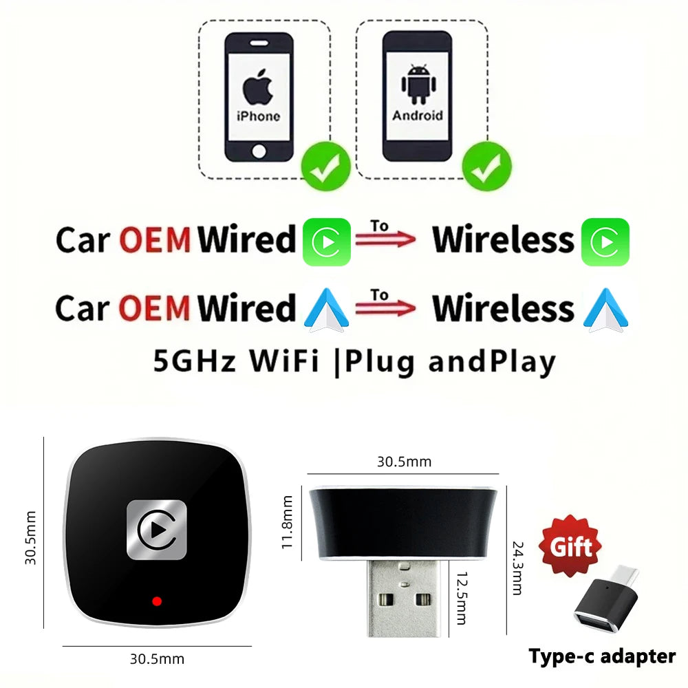 CarAiBOX RGB Mini Wired to Wireless CarPlay & Android auto Box Plug and Play For OEM Car Built-in wired CarPlay or Android auto