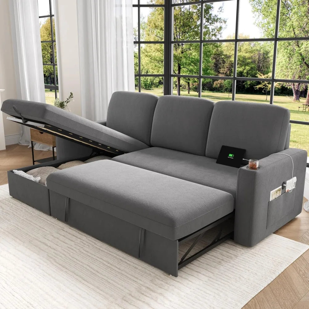 Pull Out Sleeper Sofa Bed 87" with Storage Chaise, Reversible 2 in 1 Sectional Sofa Bed with Charging Station, L-Shaped Sofa