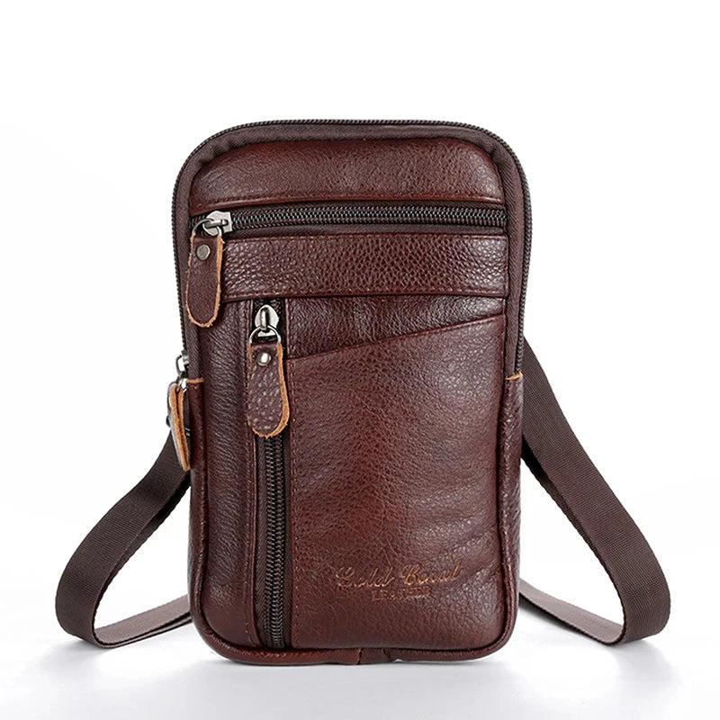 Leather Waist Bag Men's Mobile Phone Bag Wearing Belt Outdoor Sport One Shoulder Small Bag Doing Business Crossbody Bags