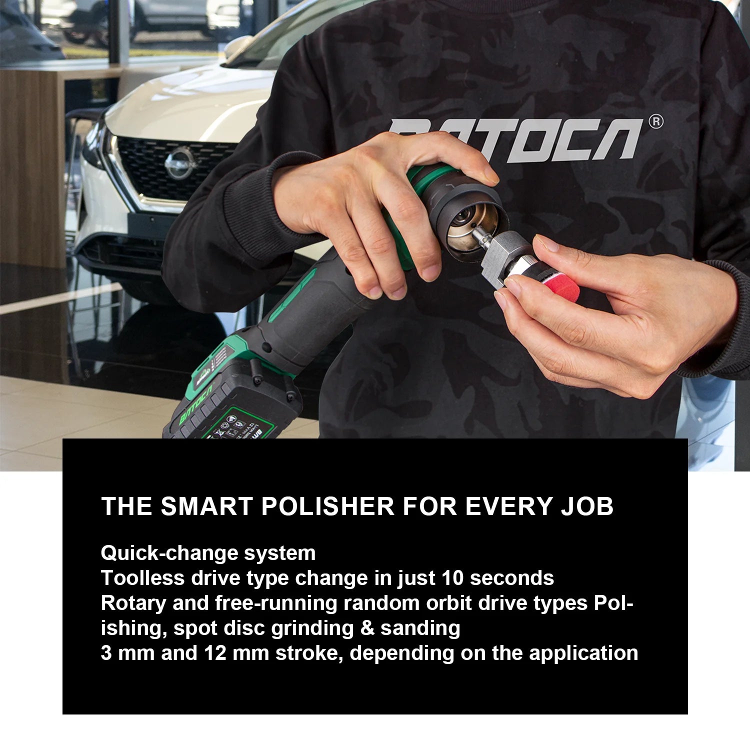 BATOCA Cordless Car Polisher Machine Set 12V RO/DA Micro Scratches Killer Brushless Motor Polisher with Detail Sponge Wool Pads