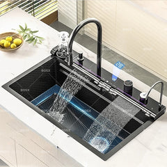 Stainless Steel  Waterfall Kitchen Sink Large Single Slot Digital Display Faucet Set Cup Washer Vegetable And Dishwashing Sinks