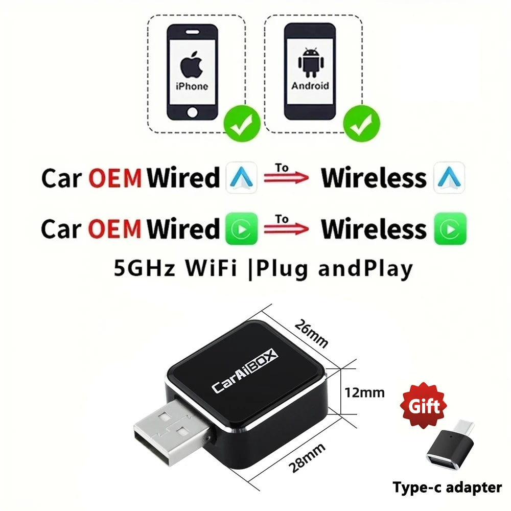 CarAiBOX RGB Mini Wired to Wireless CarPlay & Android auto Box Plug and Play For OEM Car Built-in wired CarPlay or Android auto