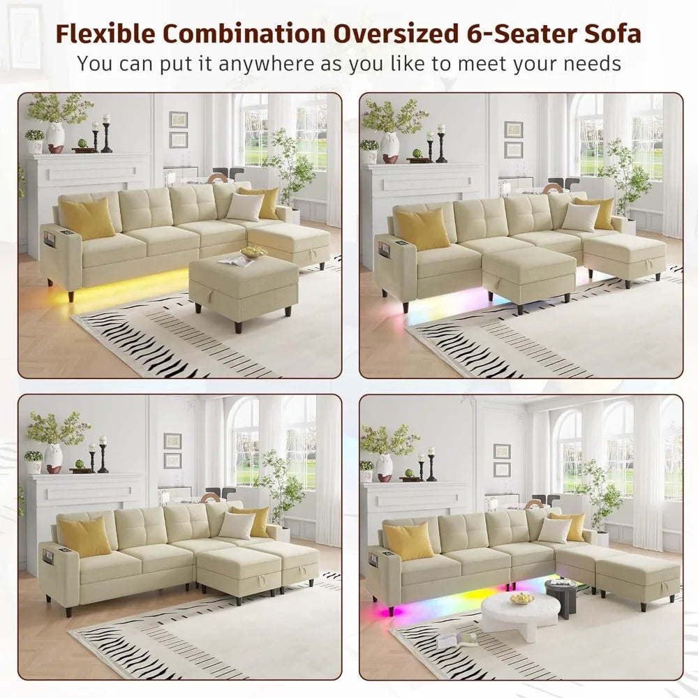 LED Sectional Couches for Living Room, Modular Sectional Sofa Set with Storage Ottomans, Oversized U Shaped Sofa Couch with Auto