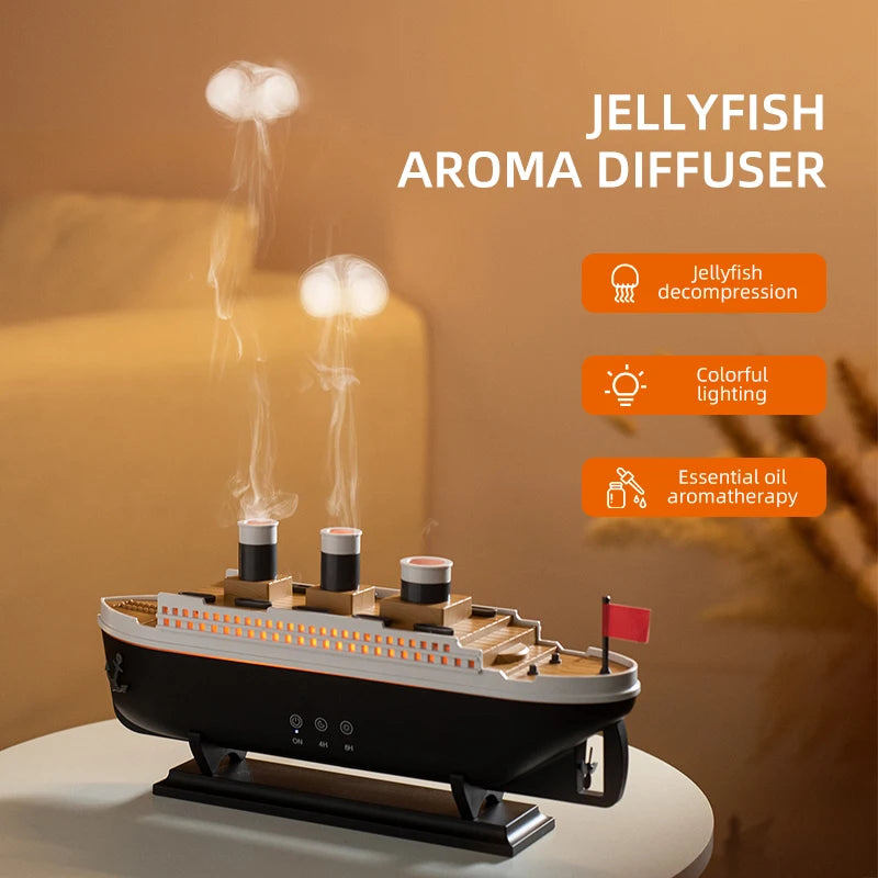 Titanic Ship Model Ultrasonic Air Humidifier Jellyfish Smoke Ring Spray Essential Oil Arome Diffuser 250ml Colorful Night Lights