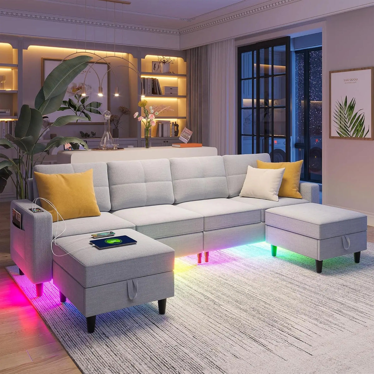 LED Sectional Couches for Living Room, Modular Sectional Sofa Set with Storage Ottomans, Oversized U Shaped Sofa Couch with Auto