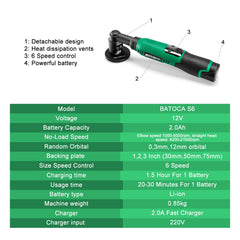 BATOCA S6 Cordless Mini Car Polisher 12V Cordless Polisher for Car Waxing 2.0Ah Buffer Polisher with Extension rod