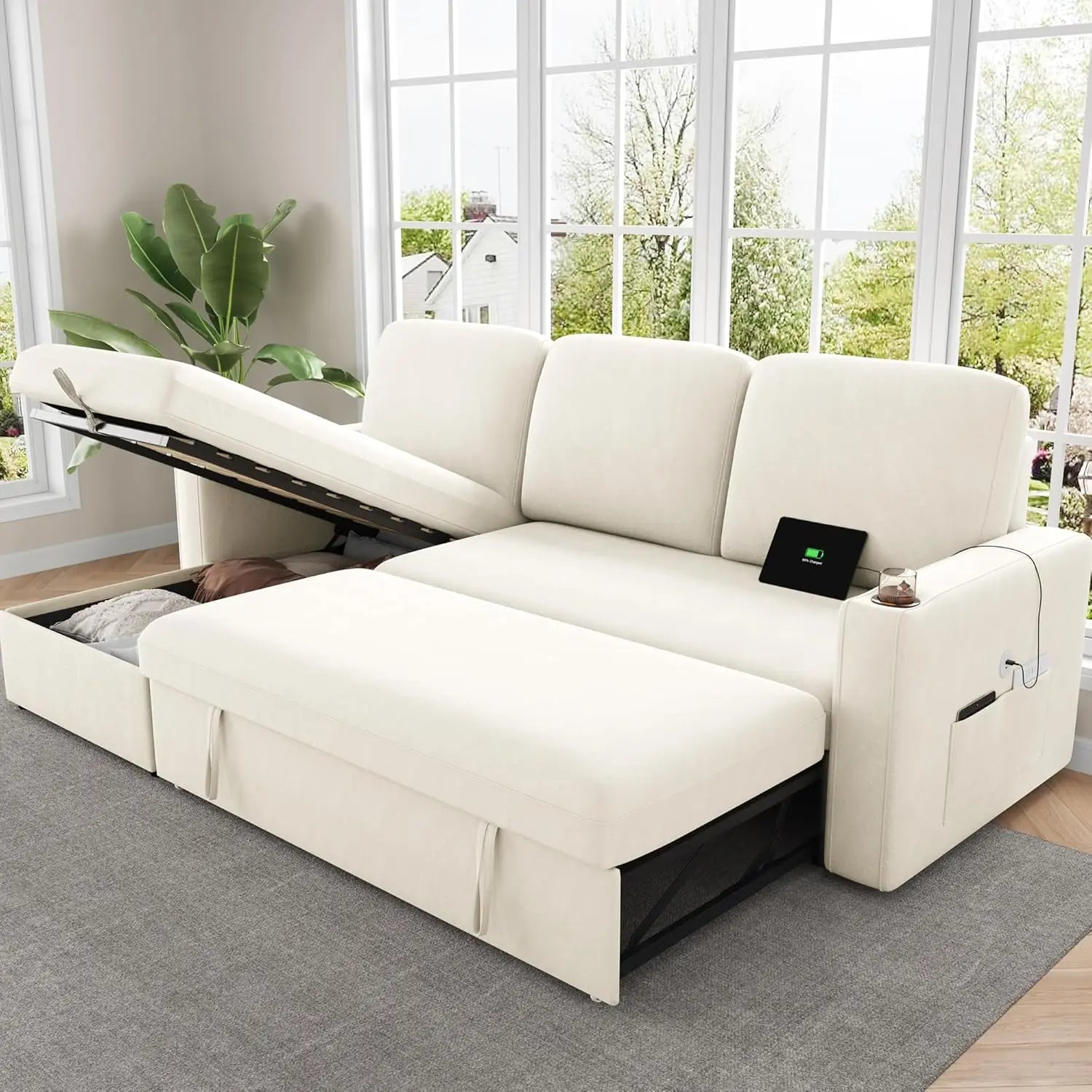 Pull Out Sleeper Sofa Bed 87" with Storage Chaise, Reversible 2 in 1 Sectional Sofa Bed with Charging Station, L-Shaped Sofa