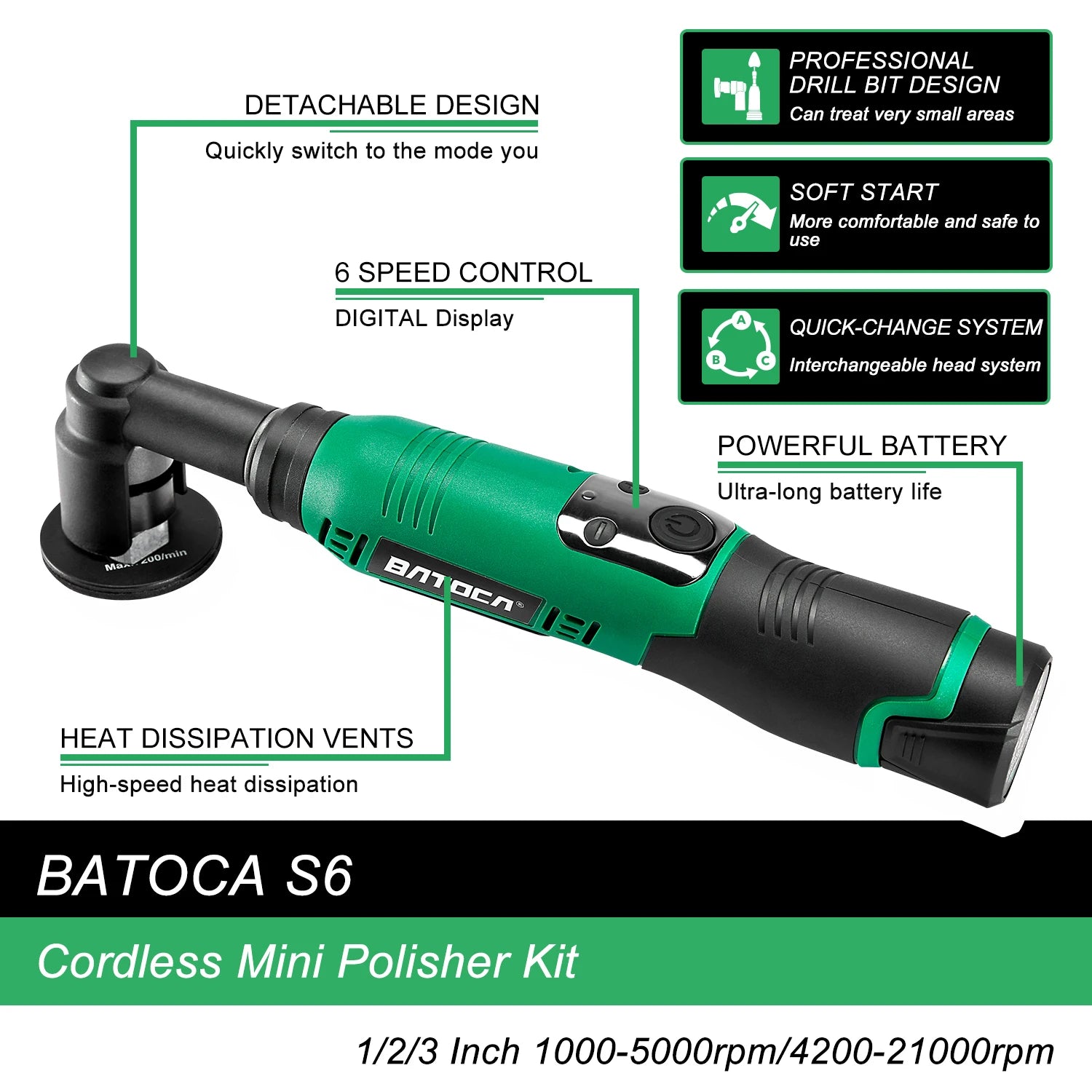 BATOCA S6 Cordless Mini Car Polisher 12V Cordless Polisher for Car Waxing 2.0Ah Buffer Polisher with Extension rod